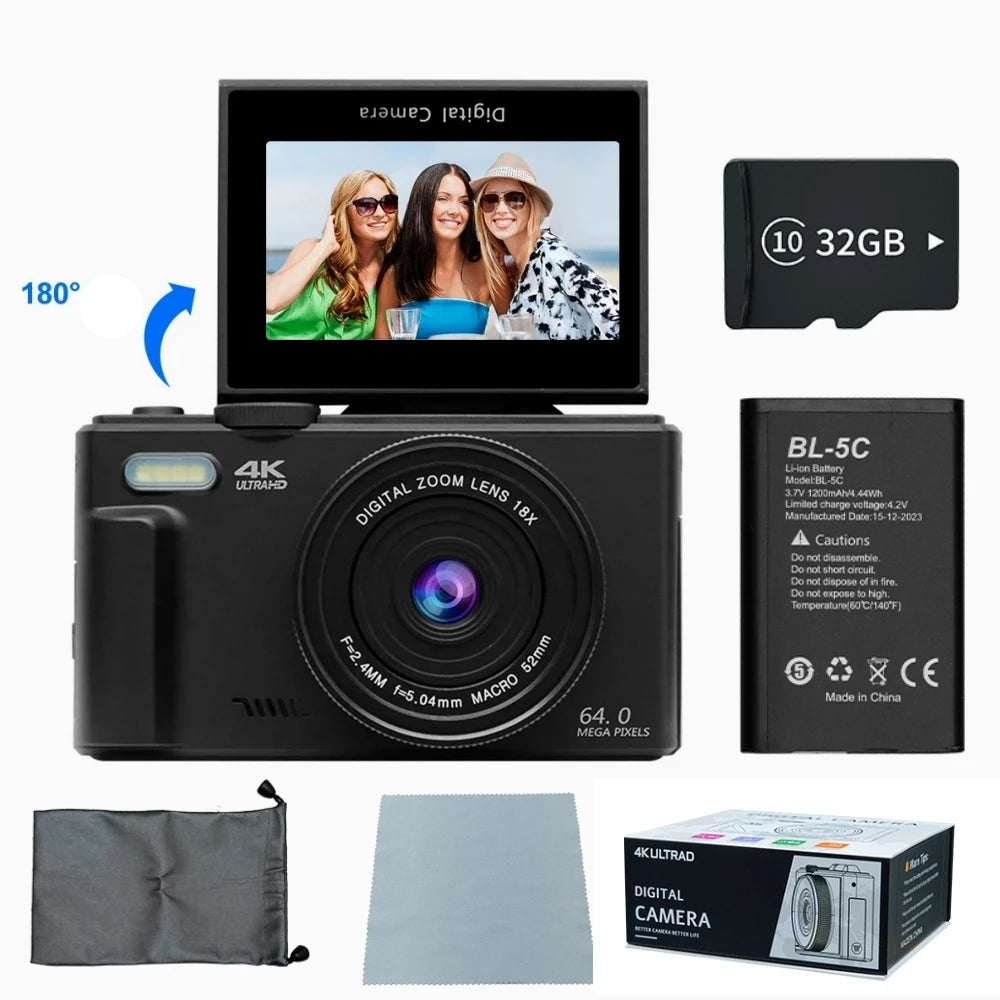 4K Vlogging Kamera mit Flip-Screen & 48MP & 32GB Karte, Schwarz / Minikauf.ch
