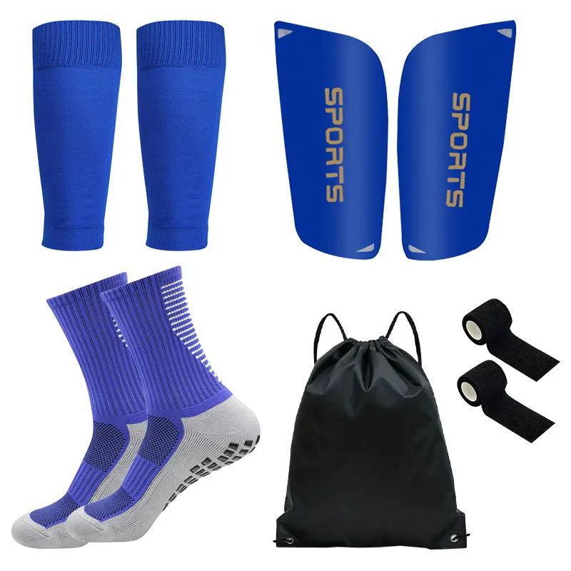 5er Fussball Set mit Socken, Stulpen, Schienbeinschoner, Bandagen und Tasche, Blau / Minikauf.ch
