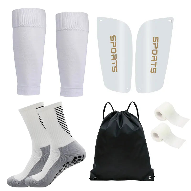 5er Fussball Set mit Socken, Stulpen, Schienbeinschoner, Bandagen und Tasche, Weiss / Minikauf.ch