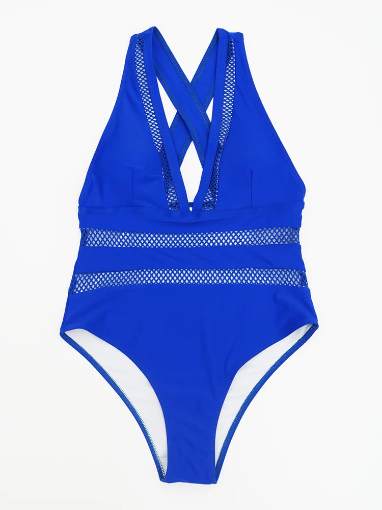 Sexy Einteiler Badeanzug mit Mesh & V-Ausschnitt, Blau / Minikauf.ch