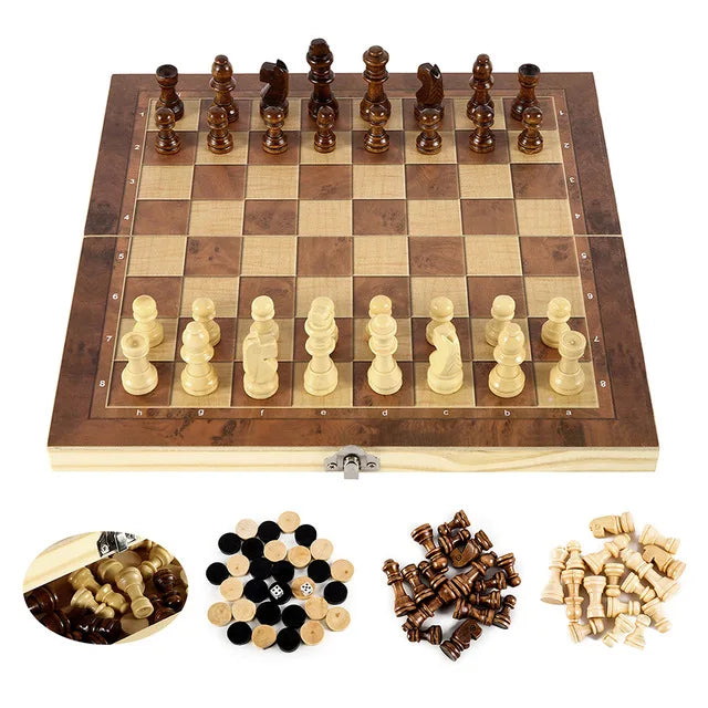 3-in-1 Holz-Schachbrett – Schach, Dame & Backgammon / Minikauf.ch