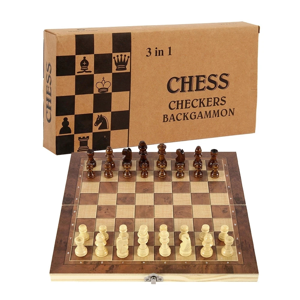 3-in-1 Holz-Schachbrett – Schach, Dame & Backgammon / Minikauf.ch