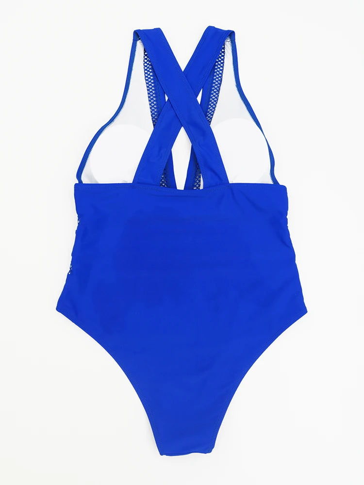 Sexy Einteiler Badeanzug mit Mesh & V-Ausschnitt, Blau / Minikauf.ch