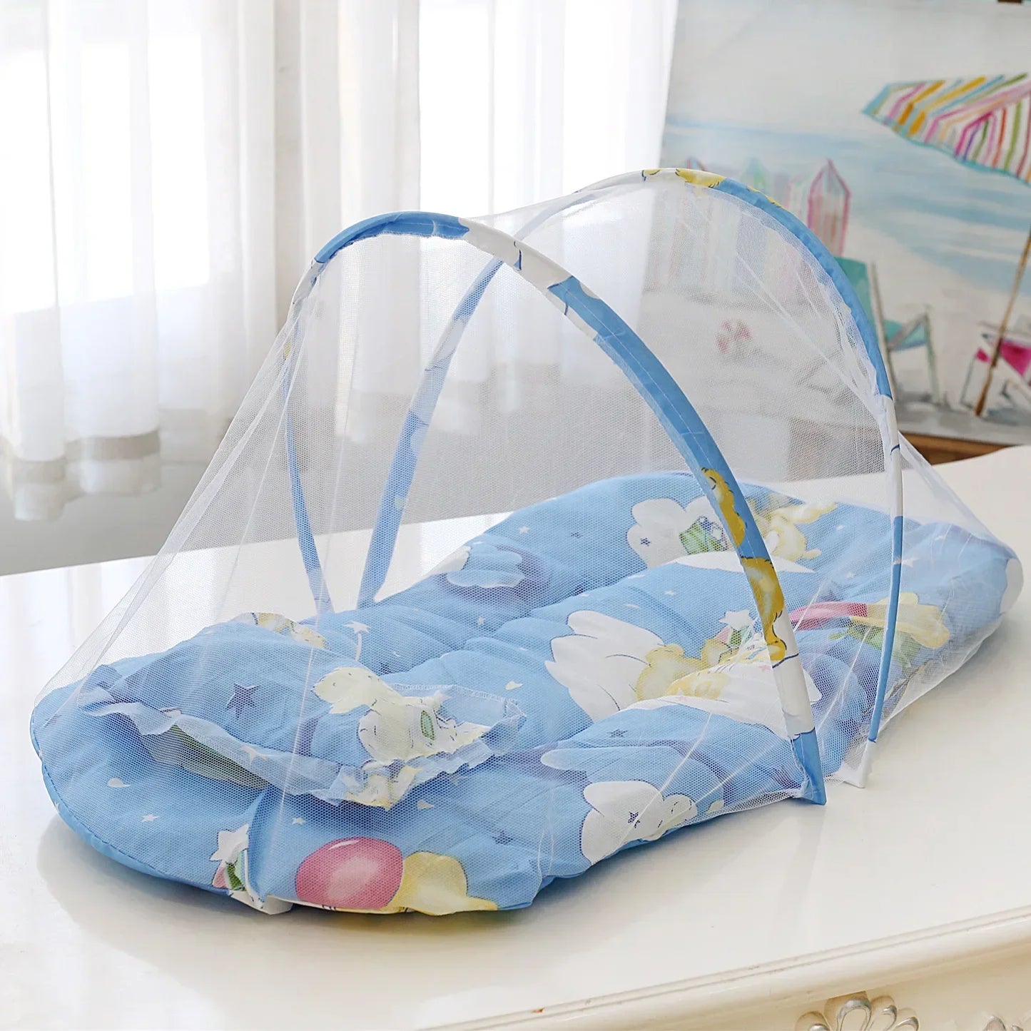 Faltbares Babybett mit Moskitonetz, Blau / Minikauf.ch