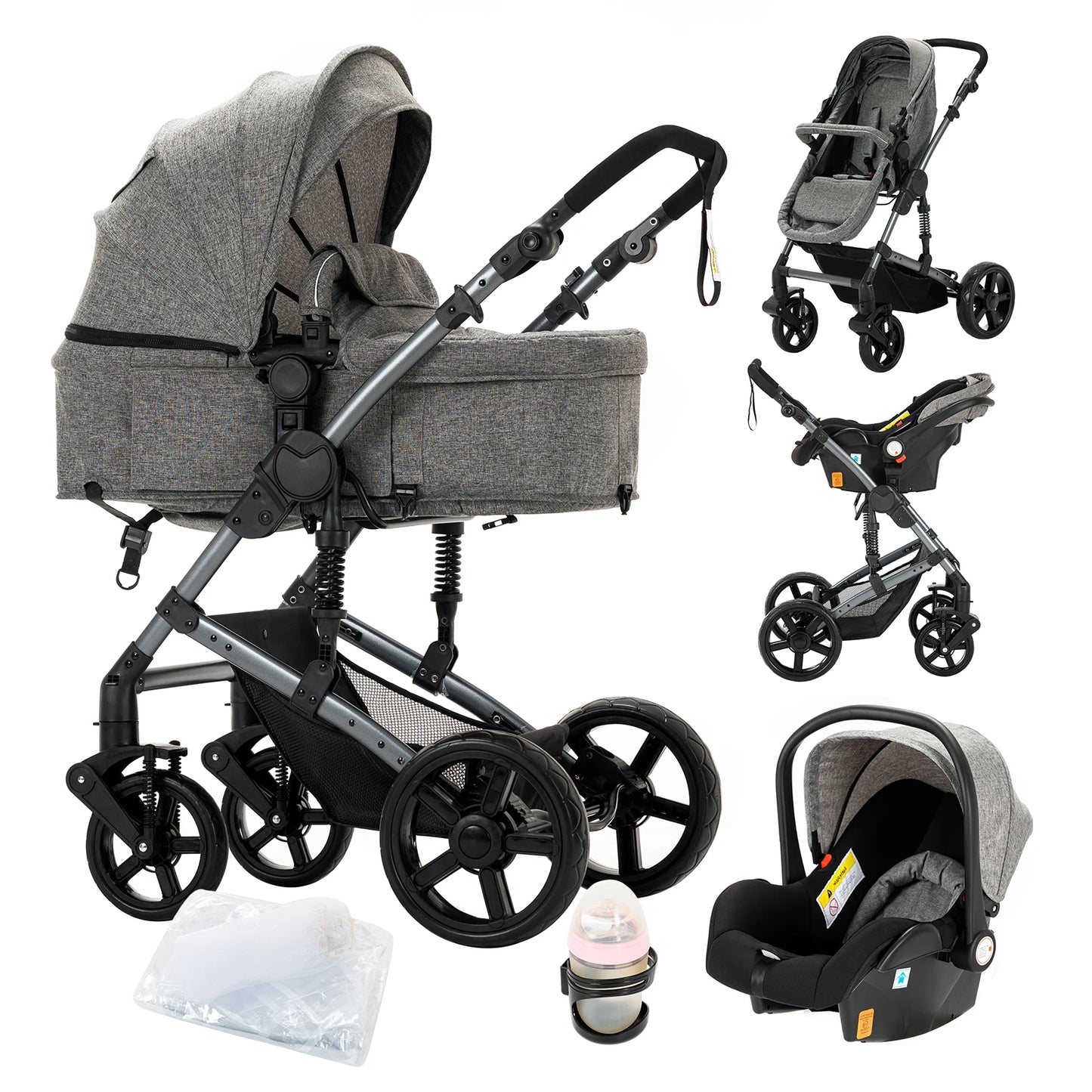 3 in 1 Kinderwagen mit Babyschale, Grau / Minikauf.ch