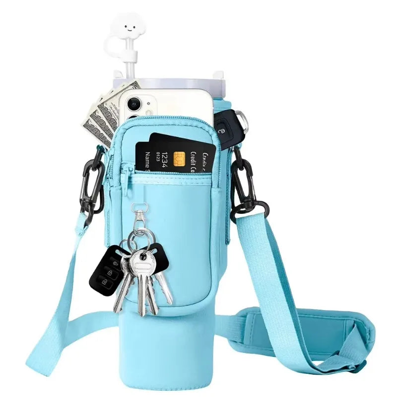 Flaschenhalter mit Schultergurt & Handyfach, blau / Minikauf.ch