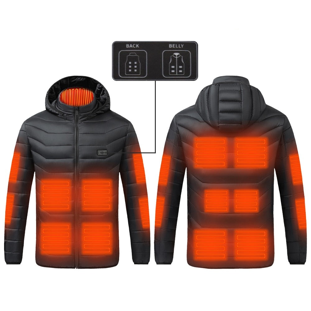 Schwarze USB Heizjacke mit Kapuze, 15 Zonen Heizung / Minikauf.ch