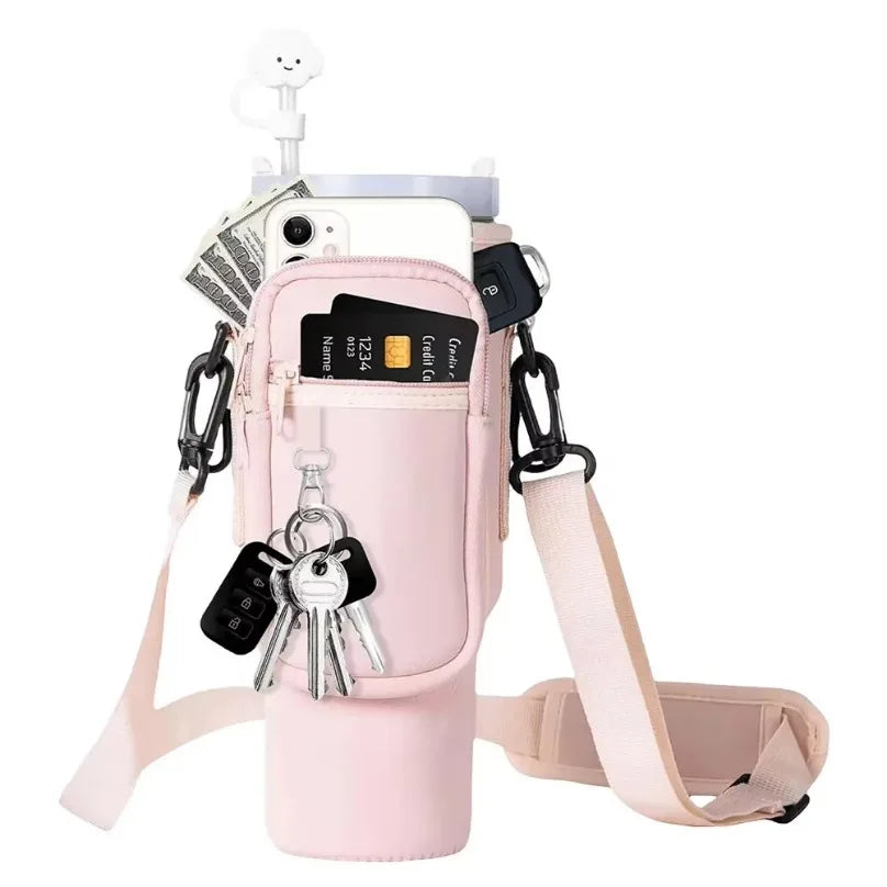 Flaschenhalter mit Schultergurt & Handyfach, pink / Minikauf.ch