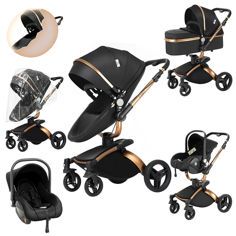 Kinderwagen mit 360° Drehung & Babyschale – Luxus Buggy für Neugeborene, Schwarz / Minikauf.ch