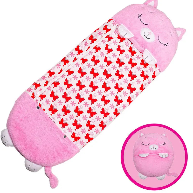Cartoon Kinderschlafsack mit Plüschkissen, rosa Katze / Minikauf.ch