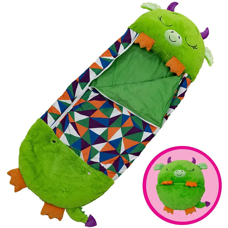 Cartoon Kinderschlafsack mit Plüschkissen, grüner Dinosaurier / Minikauf.ch