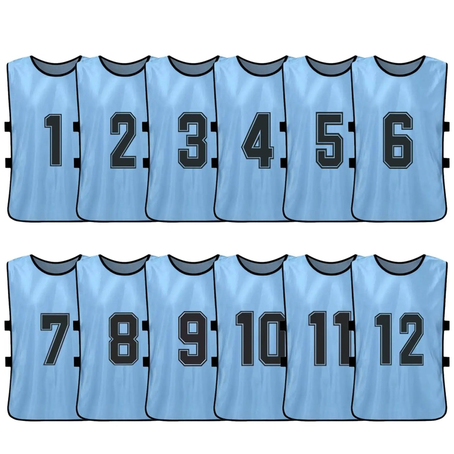 6/12er Set Kinder Trainingswesten – Nummerierte Fussball & Sport Trikots, 12 Stück Himmelblau / Minikauf.ch