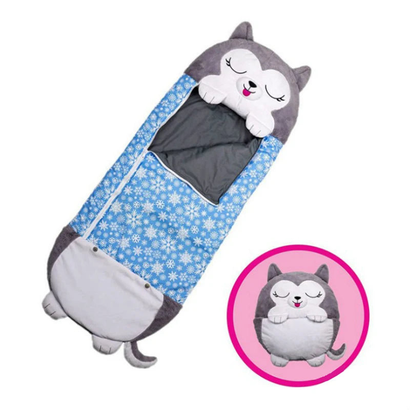 Cartoon Kinderschlafsack mit Plüschkissen, blauer Husky / Minikauf.ch
