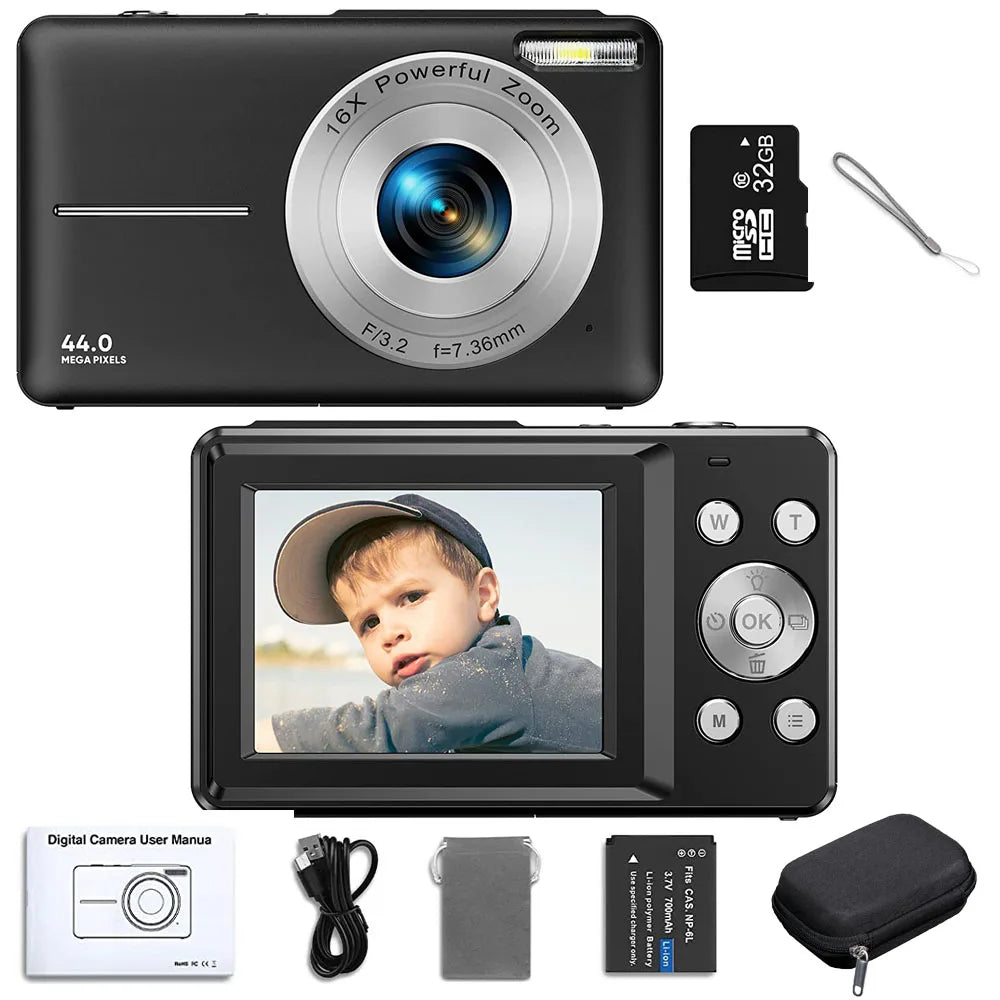 Kinder FHD Digitalkamera mit 32GB Karte, Schwarz / Minikauf.ch