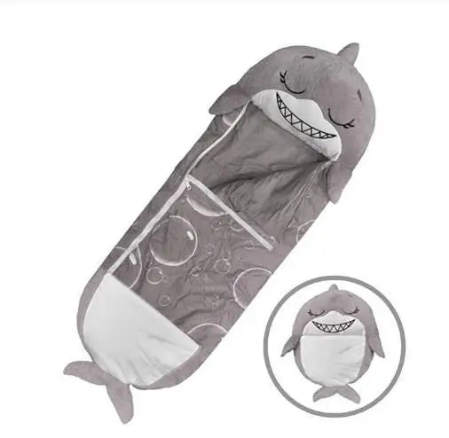 Cartoon Kinderschlafsack mit Plüschkissen, grauer Hai / Minikauf.ch