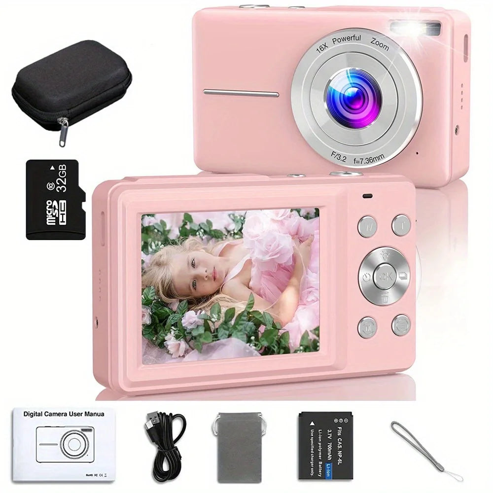 Kinder FHD Digitalkamera mit 32GB Karte, Pink / Minikauf.ch