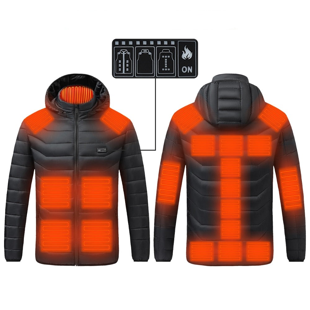 Schwarze USB Heizjacke mit Kapuze, 21 Zonen Heizung / Minikauf.ch