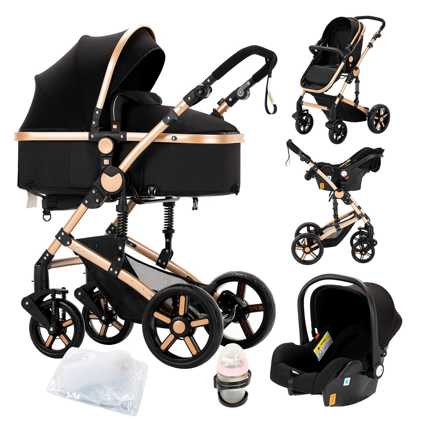 3 in 1 Kinderwagen mit Babyschale, Schwarz & Gold / Minikauf.ch