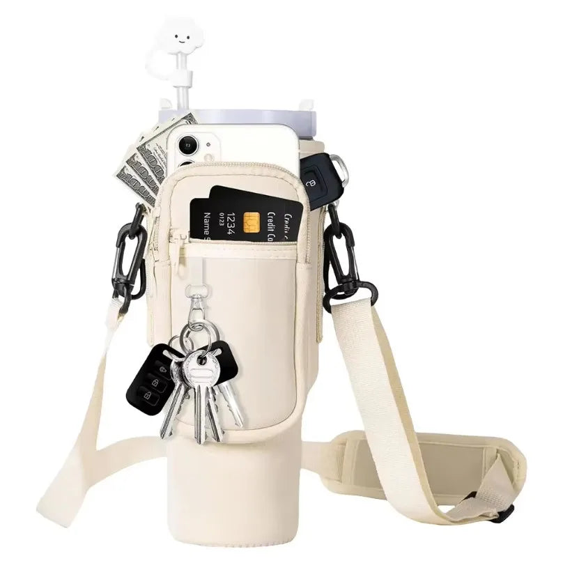 Flaschenhalter mit Schultergurt & Handyfach, beige / Minikauf.ch