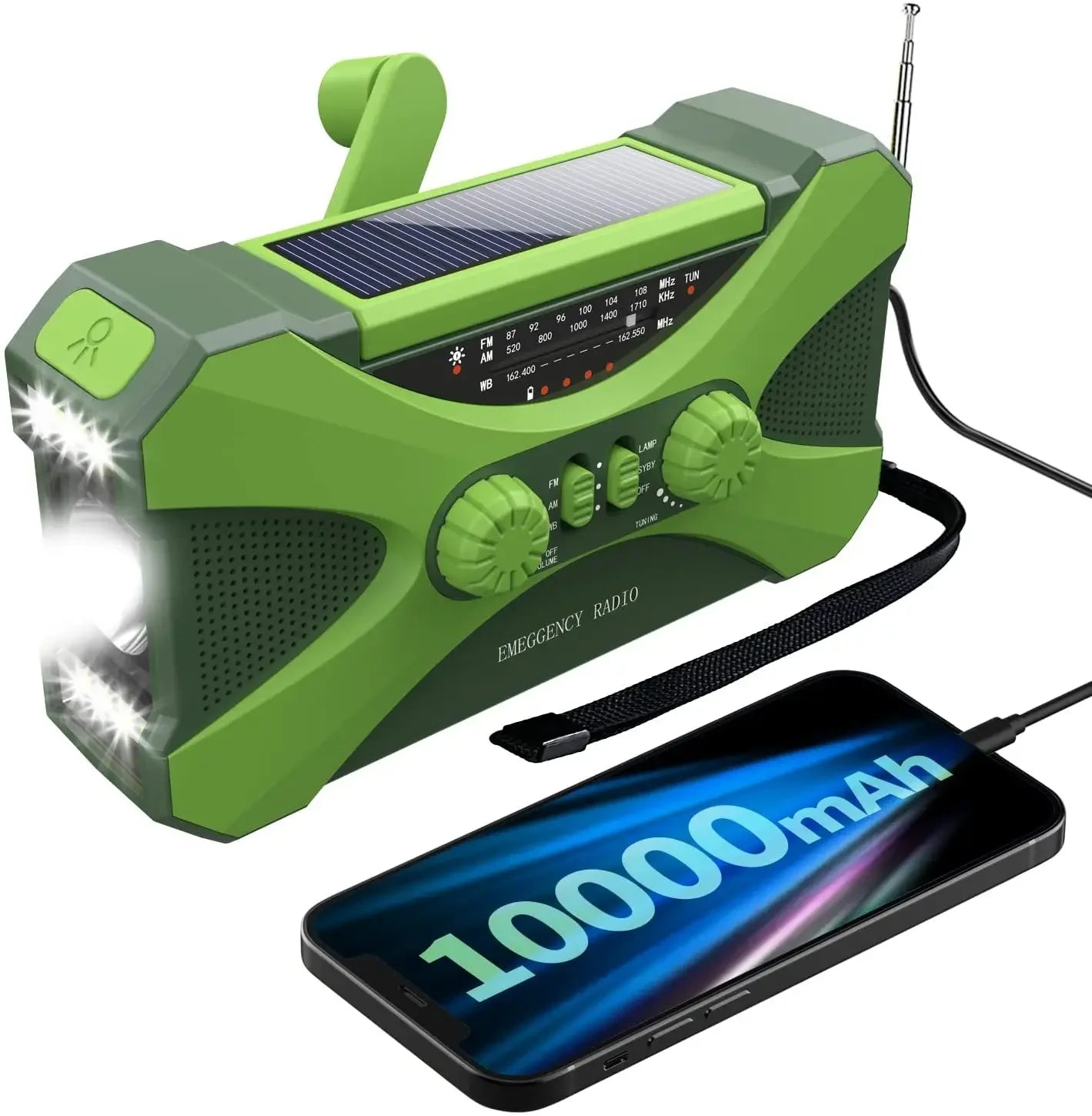 Solar Kurbelradio 10000mAh Notfallradio mit Powerbank & Licht, Grün / Minikauf.ch