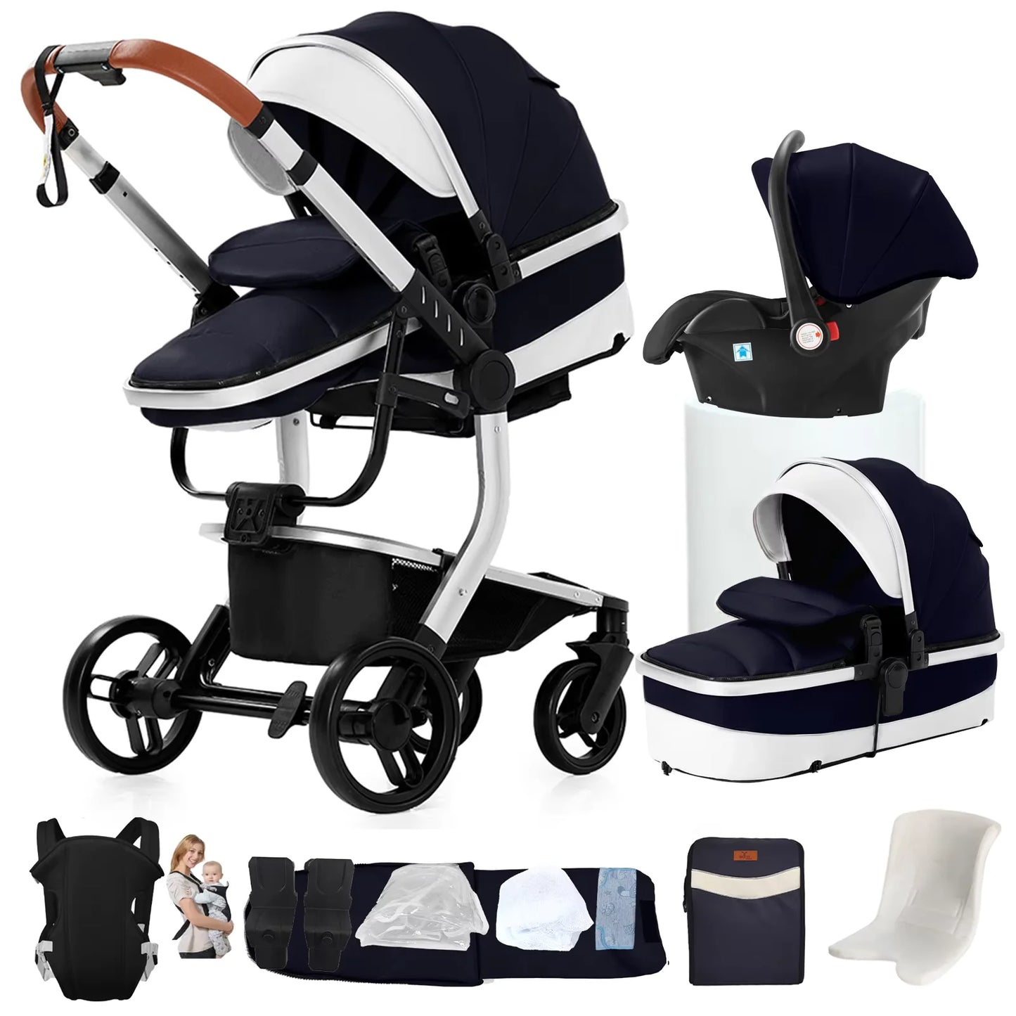 Tragbarer Leder Kinderwagen, Dunkelblau / Minikauf.ch