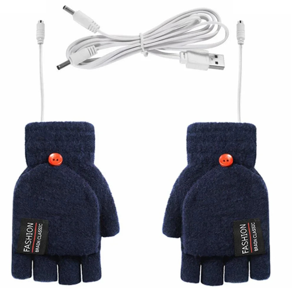 USB Halbfinger Heizhandschuhe mit Klappfäustling, Dunkelblau / Minikauf.ch