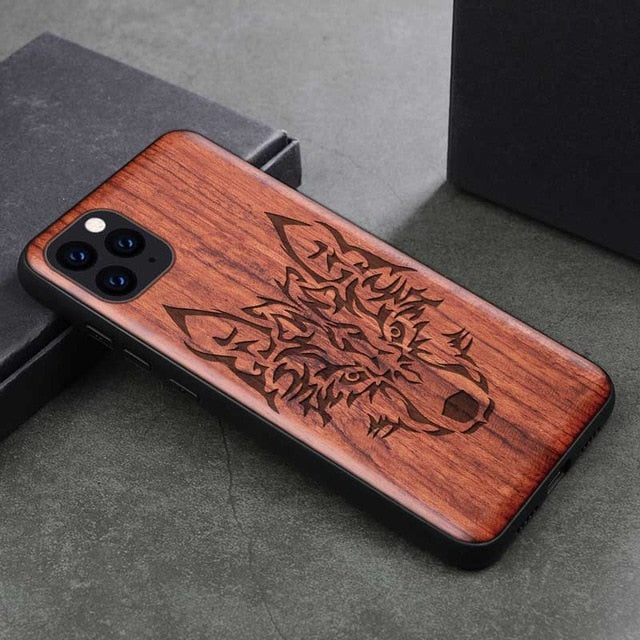 Natürliche Holz Handyhülle für iPhone + Samsung, Wolf / Minikauf.ch