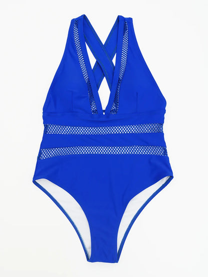 Sexy Einteiler Badeanzug mit Mesh & V-Ausschnitt, Blau / Minikauf.ch