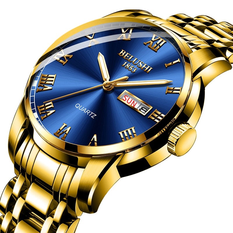 Edelstahl Herrenuhr "Belushi", Gold & Blau / Minikauf.ch