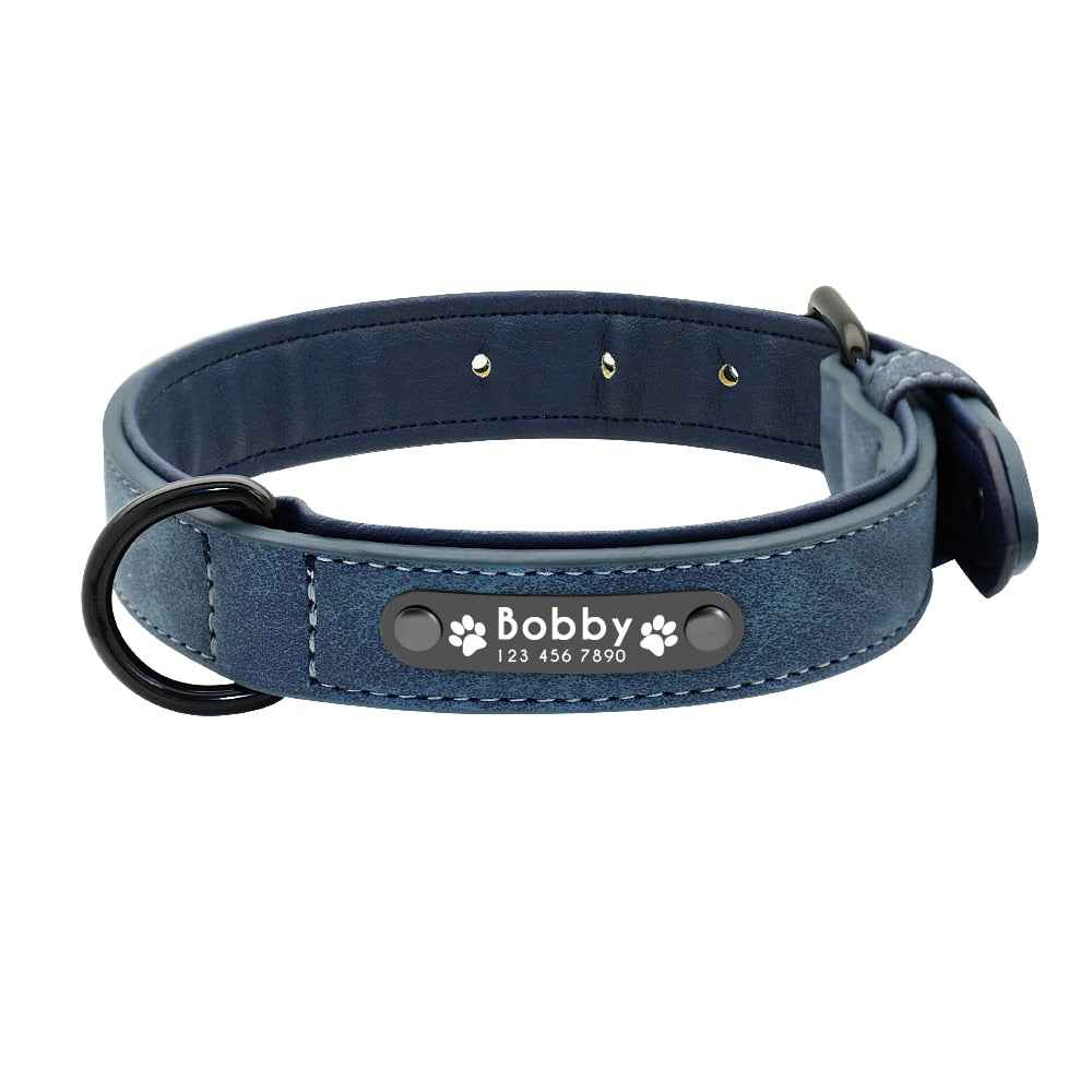 Personalisiertes Leder Hundehalsband mit Name & Nummer, blau / Minikauf.ch