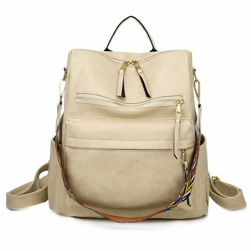 Leder Retro Rucksack Frauen, Serpentinblau, beige / Minikauf.ch