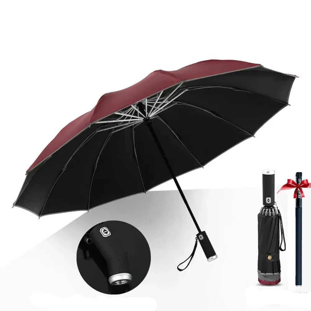 Regenschirm mit LED-Taschenlampe, weinrot / Minikauf.ch