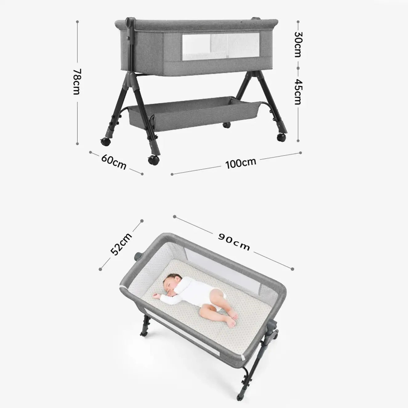 Elektrische Babywiege – faltbares Schaukelbett mit Seitenöffnung, Grössenangaben / Minikauf.ch