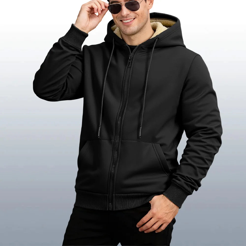 Herren Fleece Winterjacke, Kapuze & Reissverschluss, schwarz / Minikauf.ch