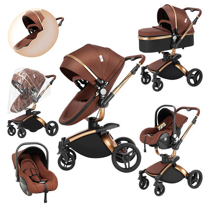 Kinderwagen mit 360° Drehung & Babyschale – Luxus Buggy für Neugeborene, Braun / Minikauf.ch