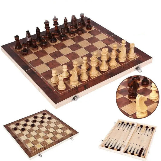 3-in-1 Holz-Schachbrett – Schach, Dame & Backgammon / Minikauf.ch