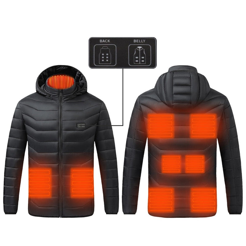 Schwarze USB Heizjacke mit Kapuze, 9 Zonen Heizung / Minikauf.ch