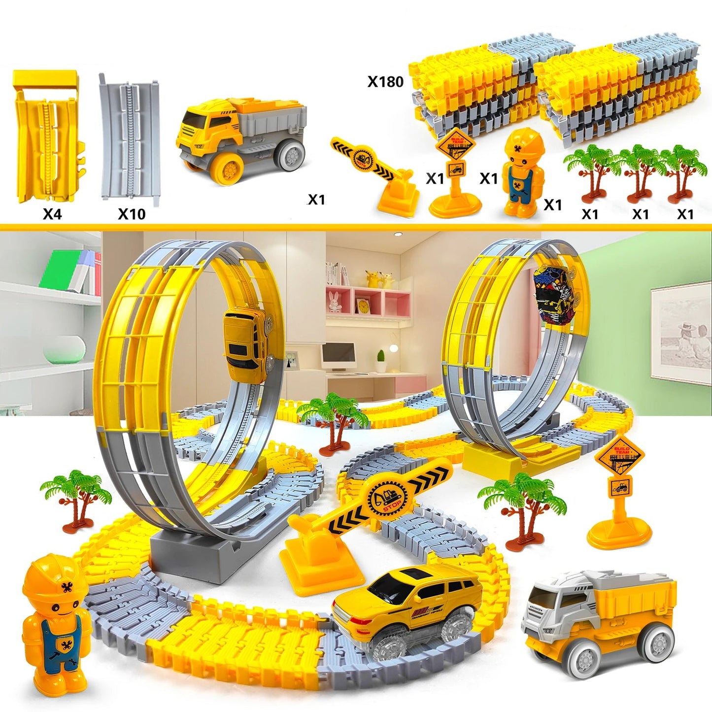 Elektrische flexible Montessori-Rennbahn mit Looping, 201 Stück Set / Minikauf.ch