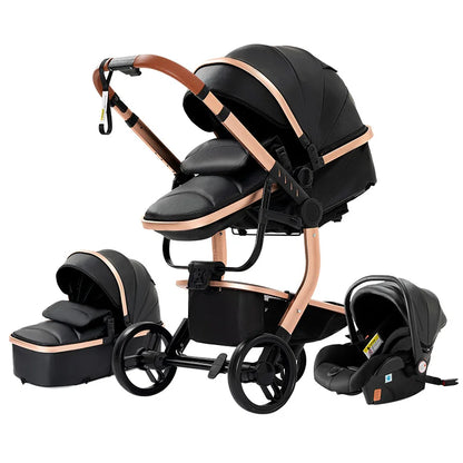 Tragbarer Leder Kinderwagen, Schwarz & Gold / Minikauf.ch