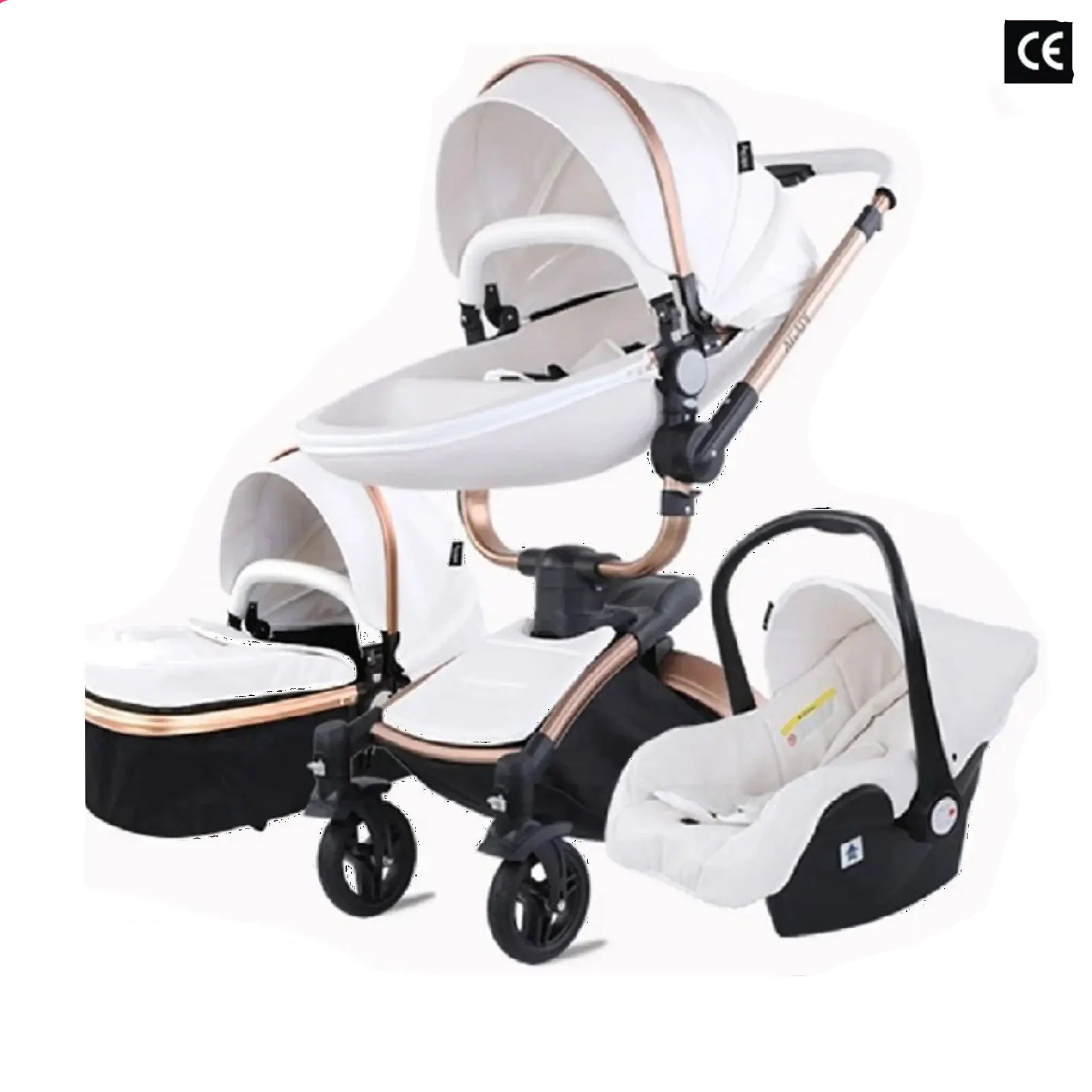 Kinderwagen mit 360° Drehung & Babyschale – Luxus Buggy für Neugeborene, Weiss / Minikauf.ch