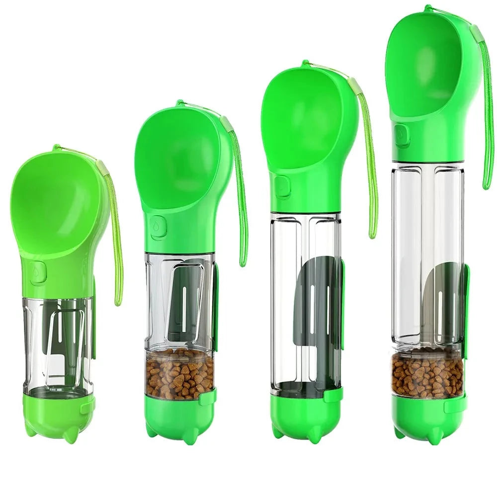 Tragbare Hunde Wasserflasche mit Futterspender und Kotbeutel, grün / Minikauf.ch