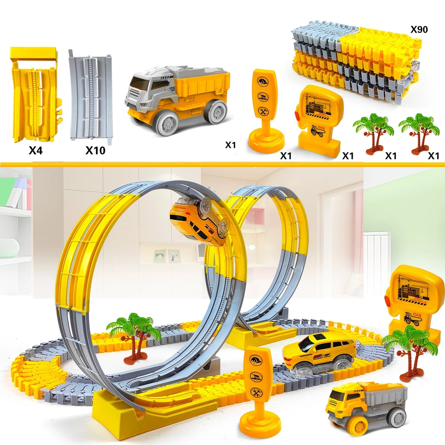 Elektrische flexible Montessori-Rennbahn mit Looping, 109 Stück Set / Minikauf.ch