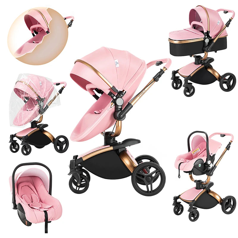 Kinderwagen mit 360° Drehung & Babyschale – Luxus Buggy für Neugeborene, Pink / Minikauf.ch