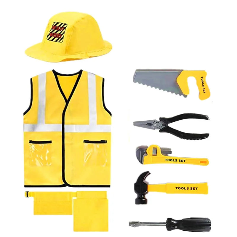 Kinder Bauarbeiter-Weste Kostümset mit Werkzeugen & Helm, Gelb / Minikauf.ch