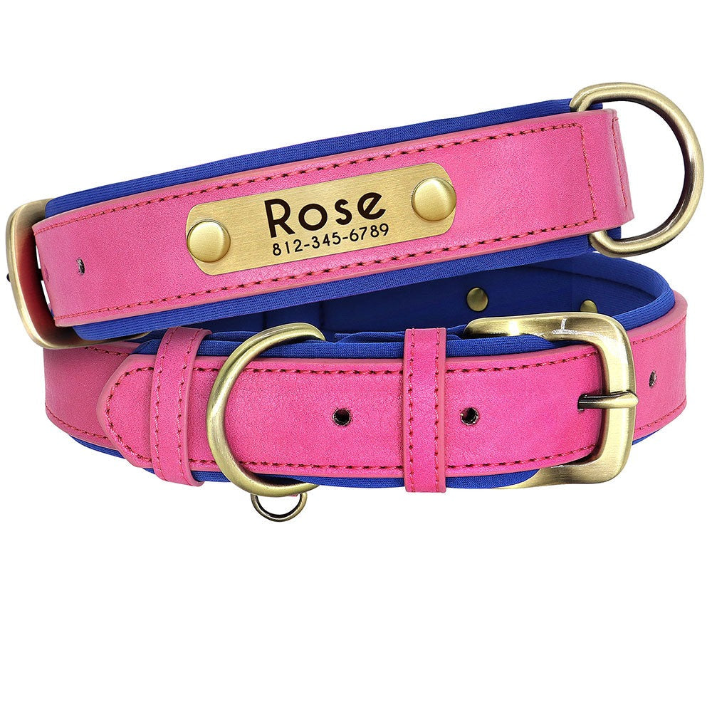 Leder Hundehalsband mit Name und Nummer, Rosarot / Minikauf.ch