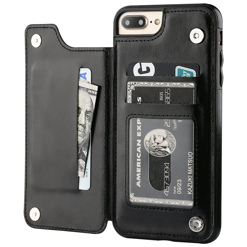 Leder iPhone Handyhülle mit Kartenhalter, schwarz / Minikauf.ch