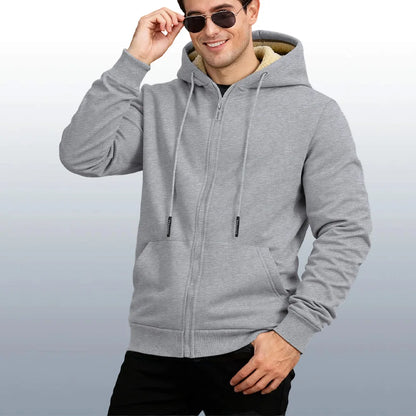 Herren Fleece Winterjacke, Kapuze & Reissverschluss, hellgrau / Minikauf.ch