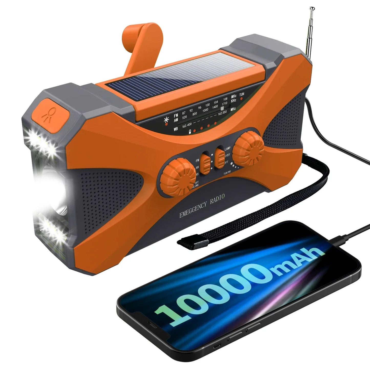 Solar Kurbelradio 10000mAh Notfallradio mit Powerbank & Licht, Orange / Minikauf.ch