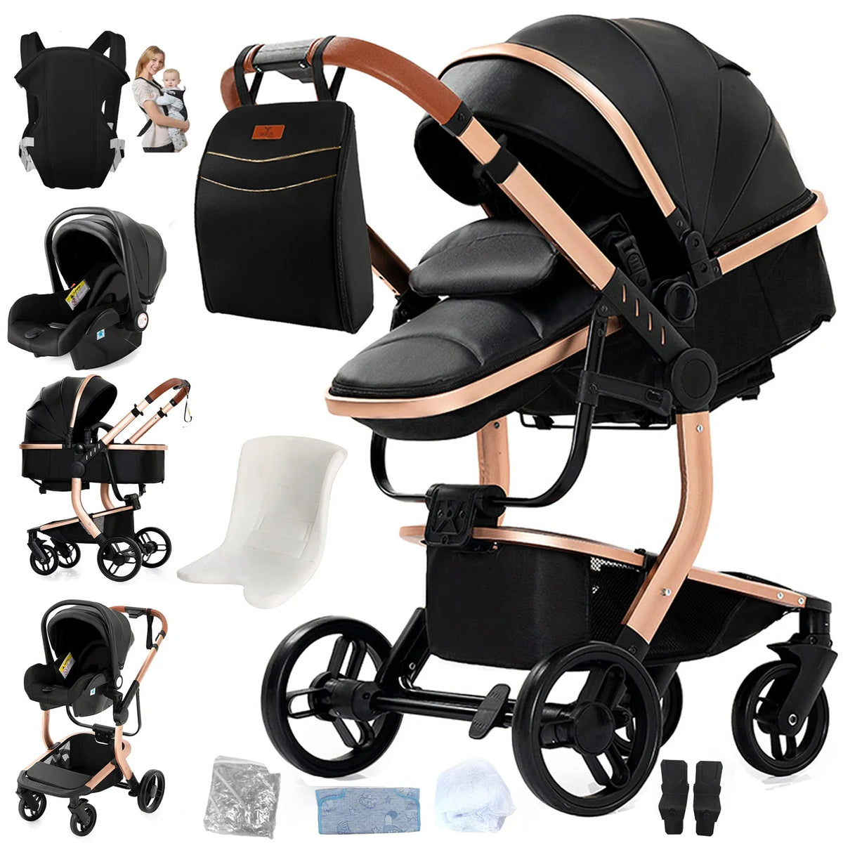 Tragbarer Leder Kinderwagen, Schwarz & Gold / Minikauf.ch