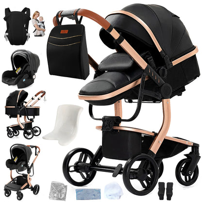 Tragbarer Leder Kinderwagen, Schwarz & Gold / Minikauf.ch